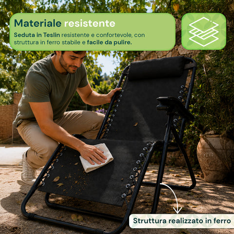 Sedia da Giardino Pieghevole con Vassoio Laterale – Portata 120kg – Struttura in Ferro e Tessuto Teslin