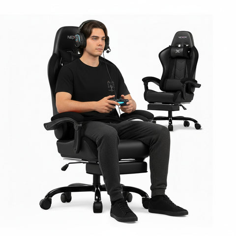 Ανακλινόμενη gaming καρέκλα με αναπτυσσόμενο υποπόδιο, οσφυϊκό μαξιλάρι και προσκέφαλο