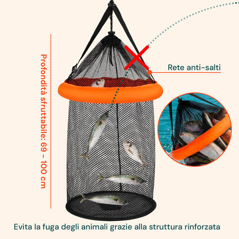 Rete da Pesca Portatile 75 cm in PP Resistente con Sistema Anti-Fuga