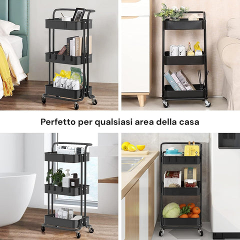 Carrello Salvaspazio Multiuso con 4 Ruote Piroettanti e 3 Ripiani 40x30x8cm