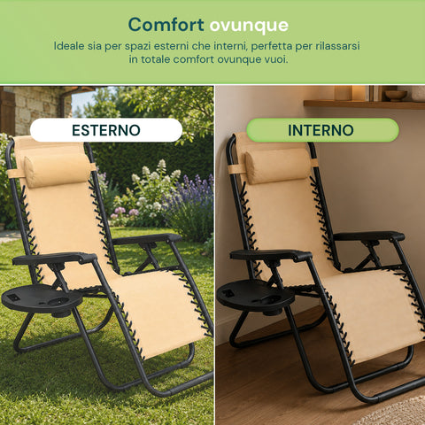 Sedia da Giardino Pieghevole con Vassoio Laterale – Portata 120kg – Struttura in Ferro e Tessuto Teslin