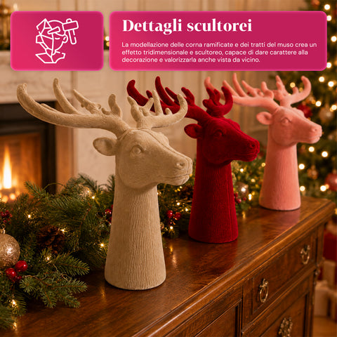 Testa di Cervo Decorativa Effetto Velluto 32x20x28h cm | Soprammobile Design Moderno in 6 Colori per Casa, Ufficio e Negozio