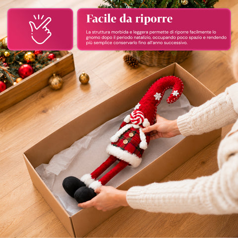 Gnomo di Natale Decorativo in Tessuto Morbido, Soprammobile Natalizio con Cappello Lungo e Fiocchi di Neve, Disponibile in 35 e 50 cm
