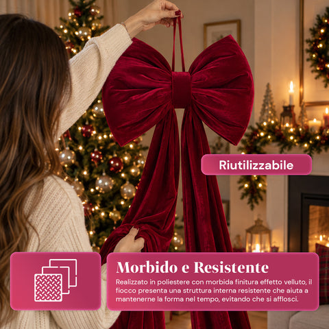 Fiocco Grande in Velluto Rosso 190 cm – Ornamento Imbottito con Gancio, Decorazione per Porta, Albero e Interni