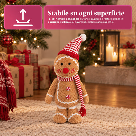 Pupazzo Ginger Pan di Zenzero in Peluche 30 e 40 cm – Decorazione Natalizia con Cappello da Chef o Berretto Natalizio