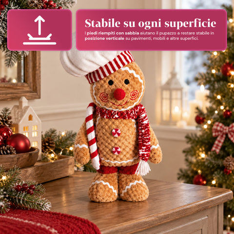 Pupazzo Ginger Pan di Zenzero in Peluche 30 e 40 cm – Decorazione Natalizia con Cappello da Chef o Berretto Natalizio
