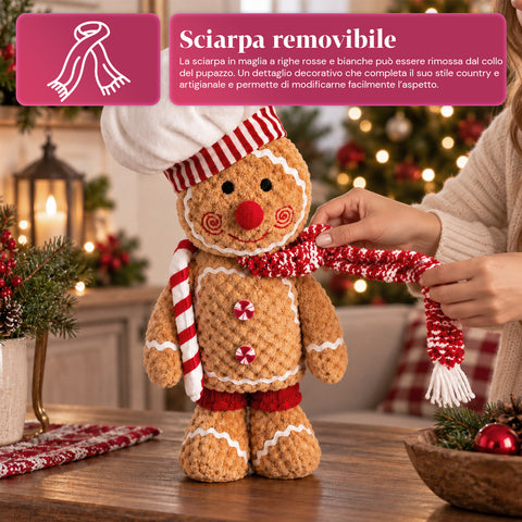 Pupazzo Ginger Pan di Zenzero in Peluche 30 e 40 cm – Decorazione Natalizia con Cappello da Chef o Berretto Natalizio