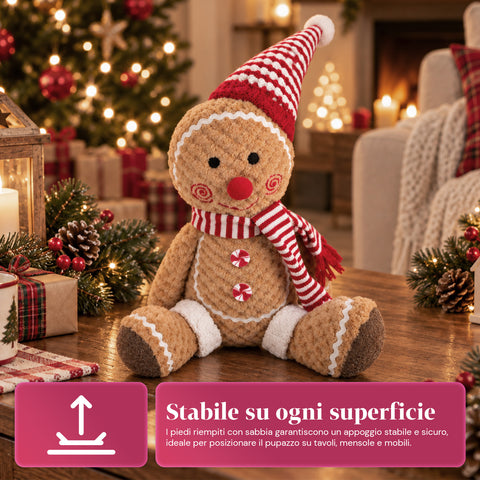 Pupazzo Ginger Pan di Zenzero in Peluche 30 e 40 cm – Decorazione Natalizia con Cappello da Chef o Berretto Natalizio