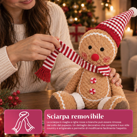 Pupazzo Ginger Pan di Zenzero in Peluche 30 e 40 cm – Decorazione Natalizia con Cappello da Chef o Berretto Natalizio