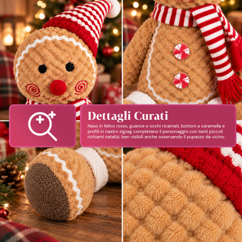Pupazzo Ginger Pan di Zenzero in Peluche 30 e 40 cm – Decorazione Natalizia con Cappello da Chef o Berretto Natalizio