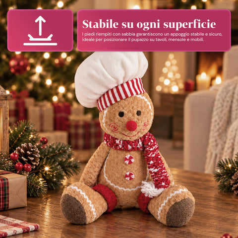 Pupazzo Ginger Pan di Zenzero in Peluche 30 e 40 cm – Decorazione Natalizia con Cappello da Chef o Berretto Natalizio