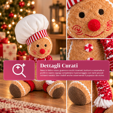 Pupazzo Ginger Pan di Zenzero in Peluche 30 e 40 cm – Decorazione Natalizia con Cappello da Chef o Berretto Natalizio