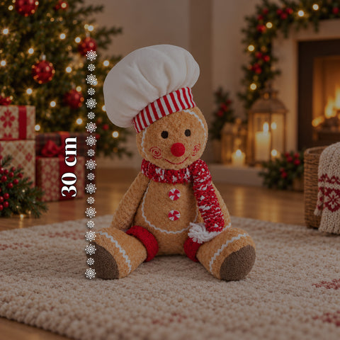Pupazzo Ginger Pan di Zenzero in Peluche 30 e 40 cm – Decorazione Natalizia con Cappello da Chef o Berretto Natalizio