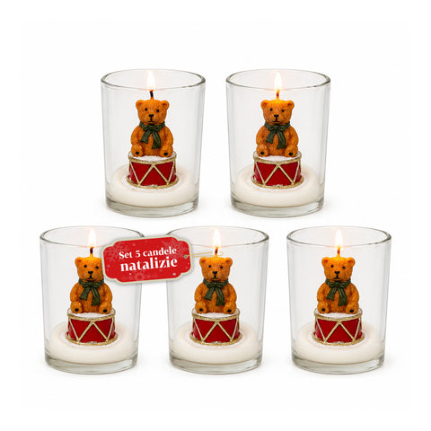 Candela Natalizia in Bicchiere di Vetro 7 cm - Orsetto con Cappello di Babbo Natale o Orso sul Tamburo - Decorazione e Centrotavola