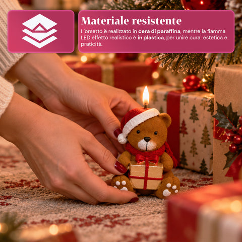 Candela Natalizia LED a Batteria in 3 Varianti – Babbo Natale con Albero, Orsetto e Viso Orso, Fiamma Effetto Reale, Decorazione Natale