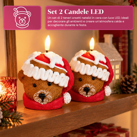Candela Natalizia LED a Batteria in 3 Varianti – Babbo Natale con Albero, Orsetto e Viso Orso, Fiamma Effetto Reale, Decorazione Natale