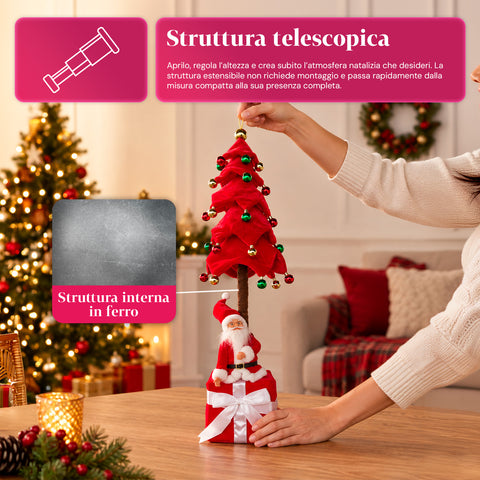 Albero di Natale Decorativo Estensibile 95 cm e 90 cm in Poliestere con Base Pacco Regalo e Palline Rosse, Verdi e Oro – 3 Varianti di Colore