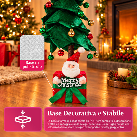Albero di Natale Decorativo Estensibile 95 cm e 90 cm in Poliestere con Base Pacco Regalo e Palline Rosse, Verdi e Oro – 3 Varianti di Colore