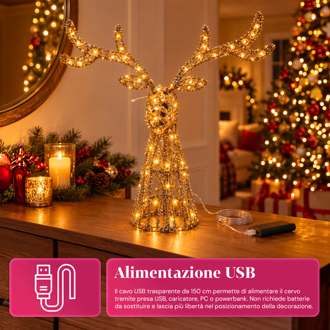 Cervo Luminoso LED Glitter Oro, Decorazione Natalizia in Ferro e Polietilene, Luce Calda Alimentata USB, 3 Misure: 65, 85 e 110 cm