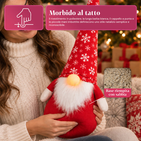 Fermaporta Gnomo Natalizio 60 cm con LED nel Naso, 3 Modalità Luce, Riempito con Sabbia 1 kg, Morbido in Poliestere - Bindbox