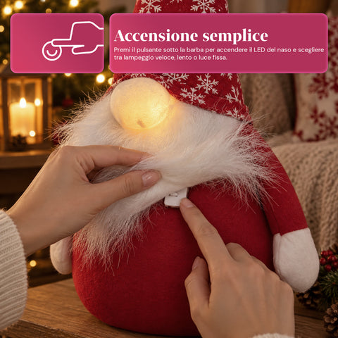 Fermaporta Gnomo Natalizio 60 cm con LED nel Naso, 3 Modalità Luce, Riempito con Sabbia 1 kg, Morbido in Poliestere - Bindbox