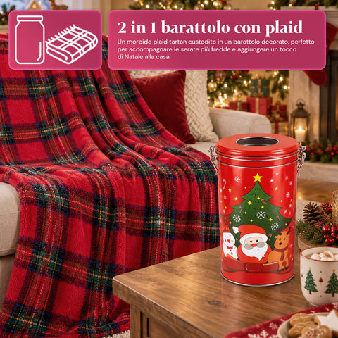 Barattolo Natalizio 30x16 cm con Plaid Coral Fleece 145x110 cm, Coperta Morbida Tartan a Quadri - Blind Box