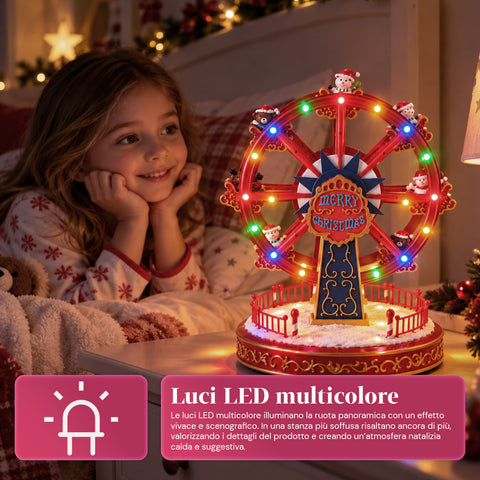 Χριστουγεννιάτικη ρόδα λούνα παρκ με φώτα LED, μουσική και περιστρεφόμενη κίνηση, 2 χρώματα, κινούμενη χριστουγεννιάτικη διακόσμηση, ύψος 26 cm, βάση 22 cm, πλαστικό