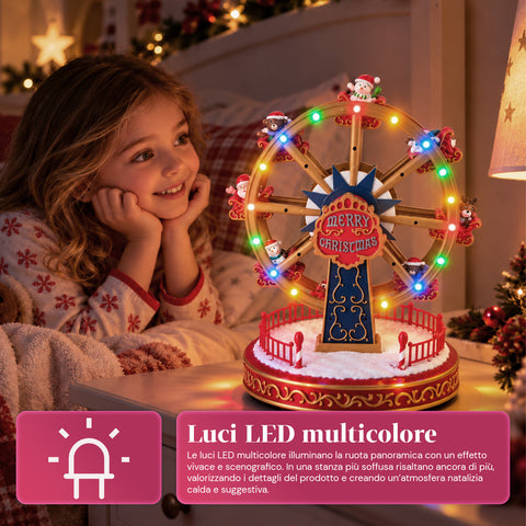 Χριστουγεννιάτικη ρόδα λούνα παρκ με φώτα LED, μουσική και περιστρεφόμενη κίνηση, 2 χρώματα, κινούμενη χριστουγεννιάτικη διακόσμηση, ύψος 26 cm, βάση 22 cm, πλαστικό