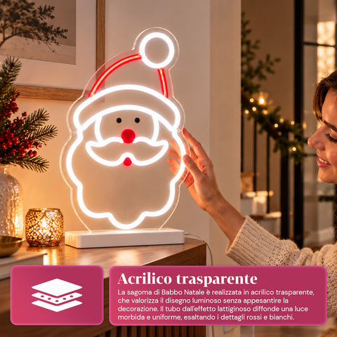 Φωτεινός Άγιος Βασίλης από νέον LED 25x40 cm, κόκκινο και λευκό φως