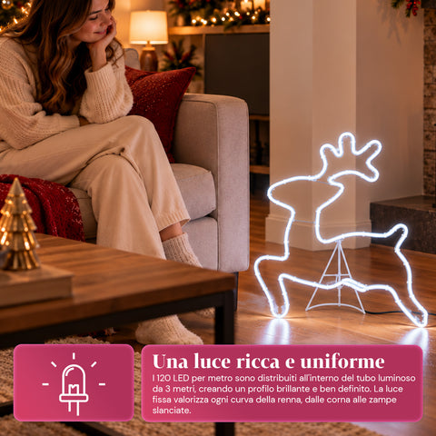 Φωτεινός τάρανδος από νέον LED 65x58 cm σε ψυχρό λευκό, για εσωτερικό και εξωτερικό χώρο
