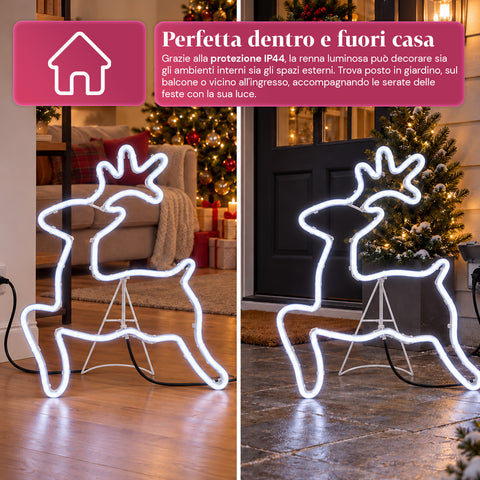 Φωτεινός τάρανδος από νέον LED 65x58 cm σε ψυχρό λευκό, για εσωτερικό και εξωτερικό χώρο