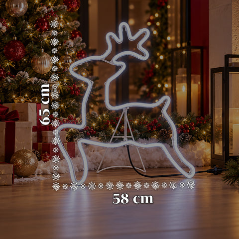 Φωτεινός τάρανδος από νέον LED 65x58 cm σε ψυχρό λευκό, για εσωτερικό και εξωτερικό χώρο