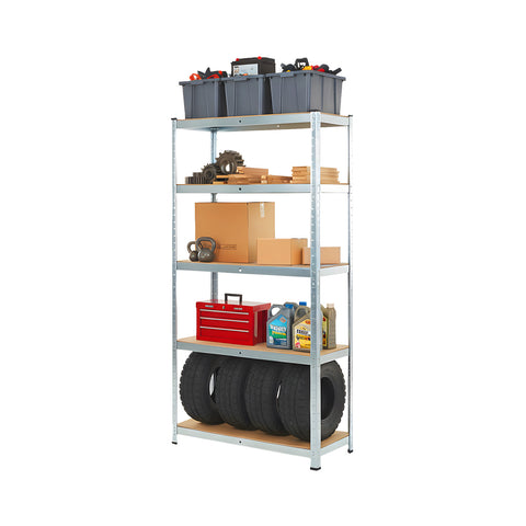 Ράφι με 5 μεταλλικά ράφια από γαλβανισμένο μέταλλο και MDF με όψη ξύλου, συνολική αντοχή 875kg