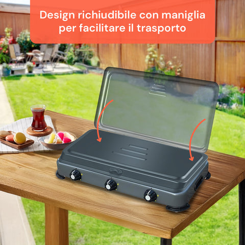 Fornello da Campeggio 3 Fuochi con Bruciatori Inox e Accensione Manuale