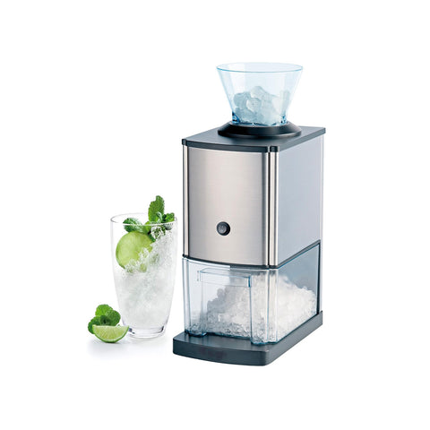 Tritaghiaccio elettrico in acciaio inox con contenitore trasparente, bicchiere mojito con lime e menta, perfetto per cocktail e bevande