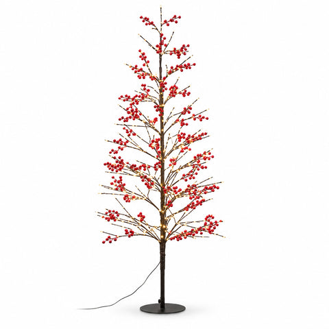 Φωτιζόμενο δέντρο με κόκκινα μούρα 150 cm, 635 LED θερμού λευκού φωτός