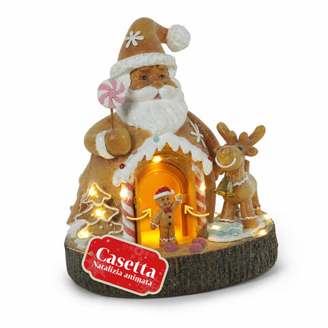 Santa Ginger - Χριστουγεννιάτικη διακόσμηση Άγιου Βασίλη-μελόψωμου Santa Ginger με φώτα LED, μουσική και πόρτα που ανοίγει, φωτεινό σπιτάκι από ρητίνη 20,6 cm