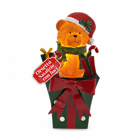 Teddy BearGift, φωτεινό χριστουγεννιάτικο αρκουδάκι σε κουτί δώρου, ζεστό φως LED, διαστάσεις 15x15x25,5 cm, λειτουργία με μπαταρίες