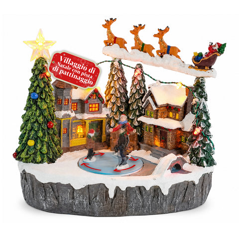 saint joy villaggio natalizio luminoso snowtime con pista di pattinaggio animata luci led e musica slitta di babbo natale polyresin 215x158x225 cm ean 8050043127723