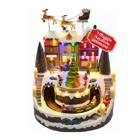 saint joy villaggio natalizio luminoso xmas town a batteria con luci led musica albero rotante trenino in movimento e slitta di babbo natale 27x25x34 cm ean 8050043127693