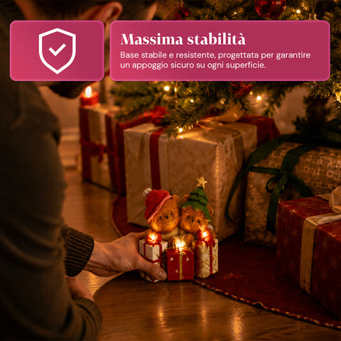 saint joy orsetto natalizio in poliresina con pacco regalo 2 varianti luci led puntuali alimentazione a batterie finiture curate base stabile ean 8050043127846