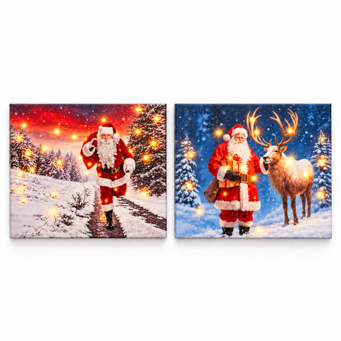 saint joy quadri natalizi con luci led in set da 2 30x40 cm babbo natale renne gnomo e alberi che si illuminano a batteria con interruttore ean 8056819082395