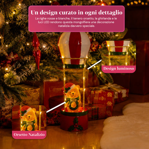 saint joy teddy skyfloat mongolfiera natalizia luminosa in metallo con orsetto luci led e funi dorate a batteria alta 37 cm con ghirlanda e agrifoglio ean 8050043127822
