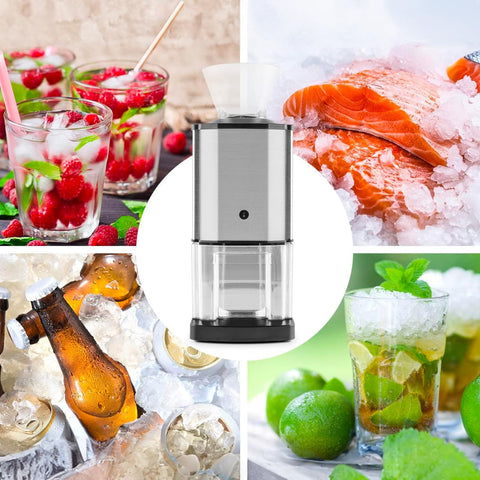 Tritaghiaccio elettrico DCG in acciaio inox 60-80W per cocktail, granite e bevande fredde, con salmone su ghiaccio e drink colorati