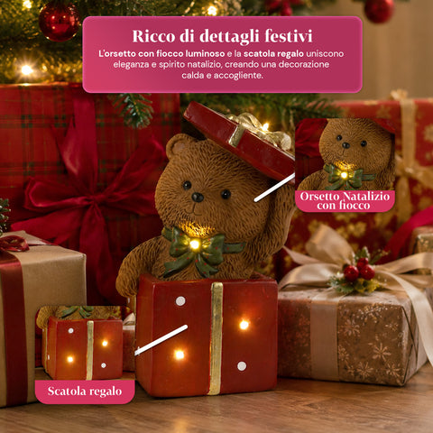 saint joy orsetto natalizio in poliresina con pacco regalo 2 varianti luci led puntuali alimentazione a batterie finiture curate base stabile ean 8050043127846
