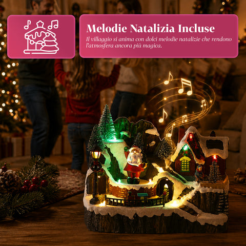 saint joy litville villaggio di natale illuminato led con trenino in movimento e babbo natale rotante 8 melodie natalizie 23x15x18 cm a batteria ean 8050043127709