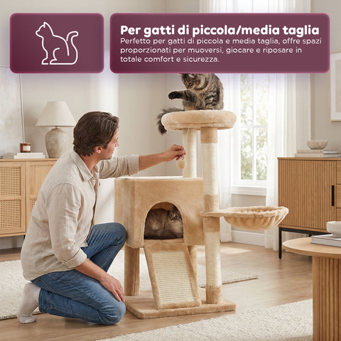 puppy lovers albero tiragraffi per gatti multilivello h 87 cm in sisal con amaca piattaforme e gioco a pallina 45x40 cm ean 8054806950481