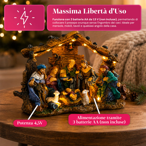 saint joy holyglow presepe nativita in poliresina con luci led e interruttore onoff capanna rustica e base stabile 23x115x17 cm ean 8050043127761