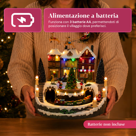 saint joy villaggio natalizio luminoso xmas town a batteria con luci led musica albero rotante trenino in movimento e slitta di babbo natale 27x25x34 cm ean 8050043127693