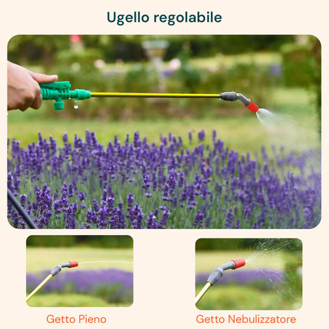Pompa da giardino con ugello regolabile per getto pieno e nebulizzatore, irrorazione precisa su lavanda e piante aromatiche